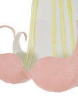 Close-up of a pink and chartreuse floral pendant light on a white background