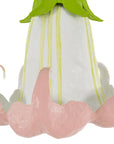 Decorative flower pendant light with pink petals and a green top on a white background