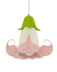 Floral-shaped pink and green pendant light on a white background