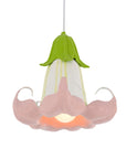 Floral-shaped pendant light with green top and pink base on a white background
