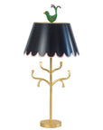 Black Mrs English lamp with green bird finial, scallop shade, Stray Dog