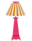 Norma tole lamp with stripey shade in pink and orange, flower finial