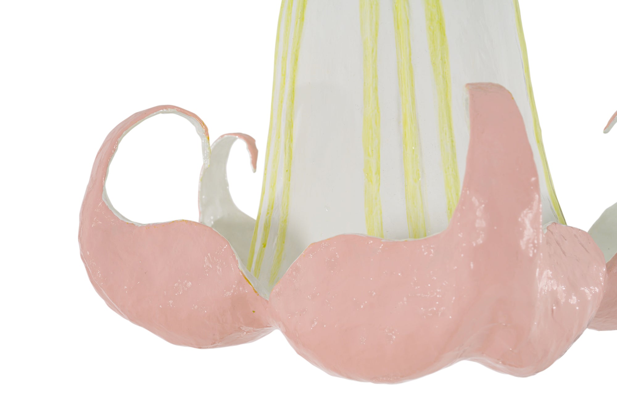 Close-up of a pink and chartreuse floral pendant light on a white background