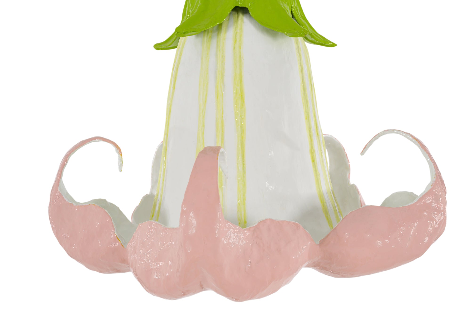 Decorative flower pendant light with pink petals and a green top on a white background