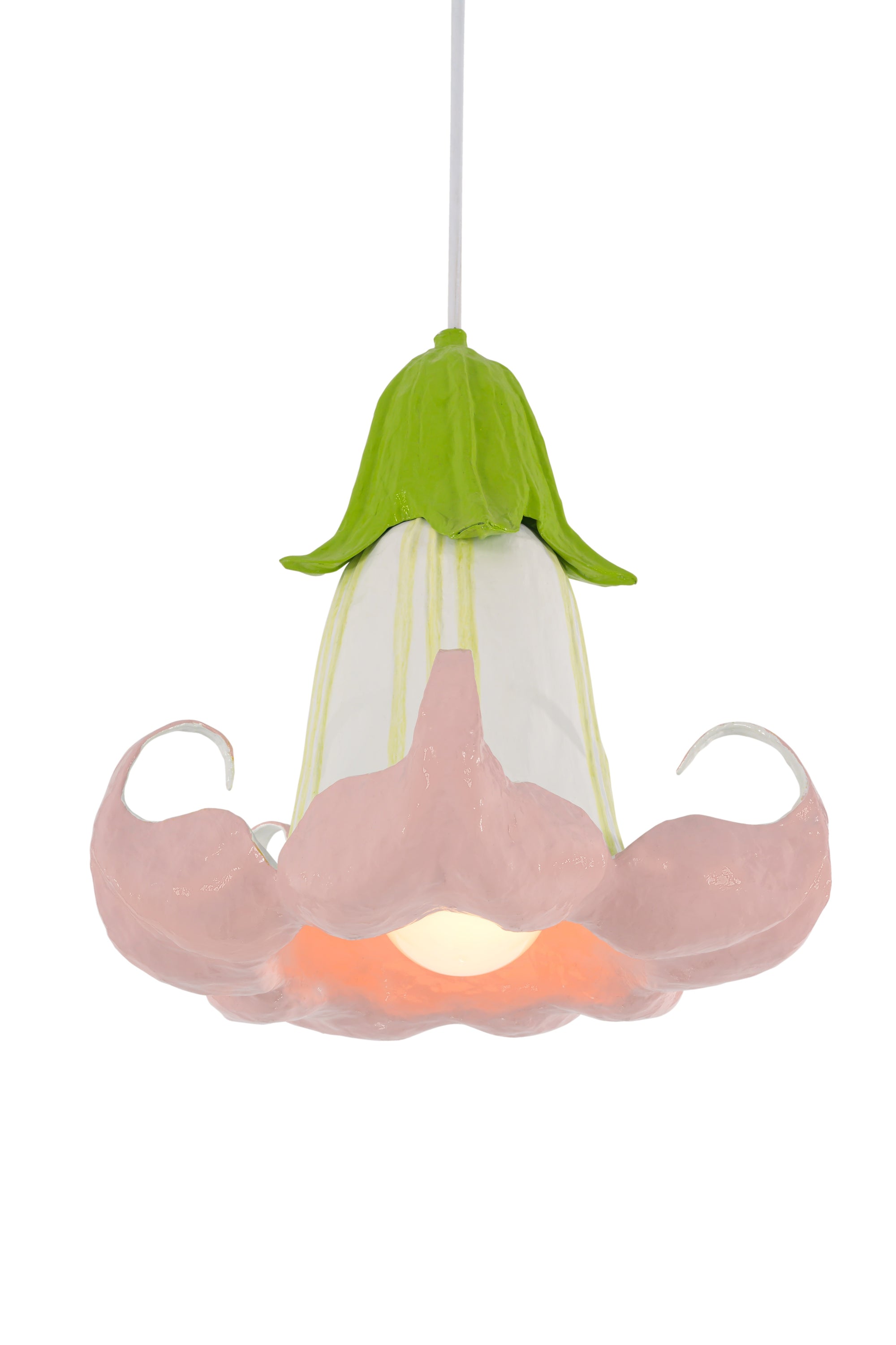 Floral-shaped pendant light with green top and pink base on a white background