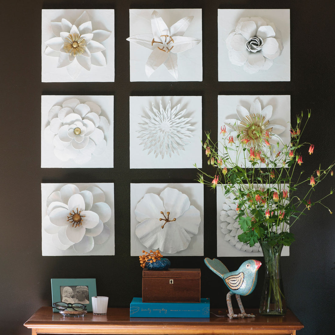 Hibiscus Flower Wall Tile on dark wall