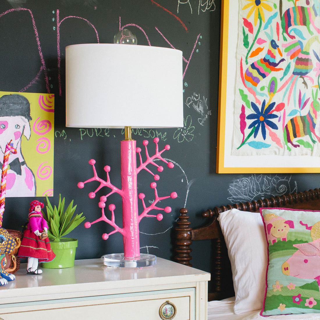 pink paper mache light, Ava Lamp in playful bedroom
