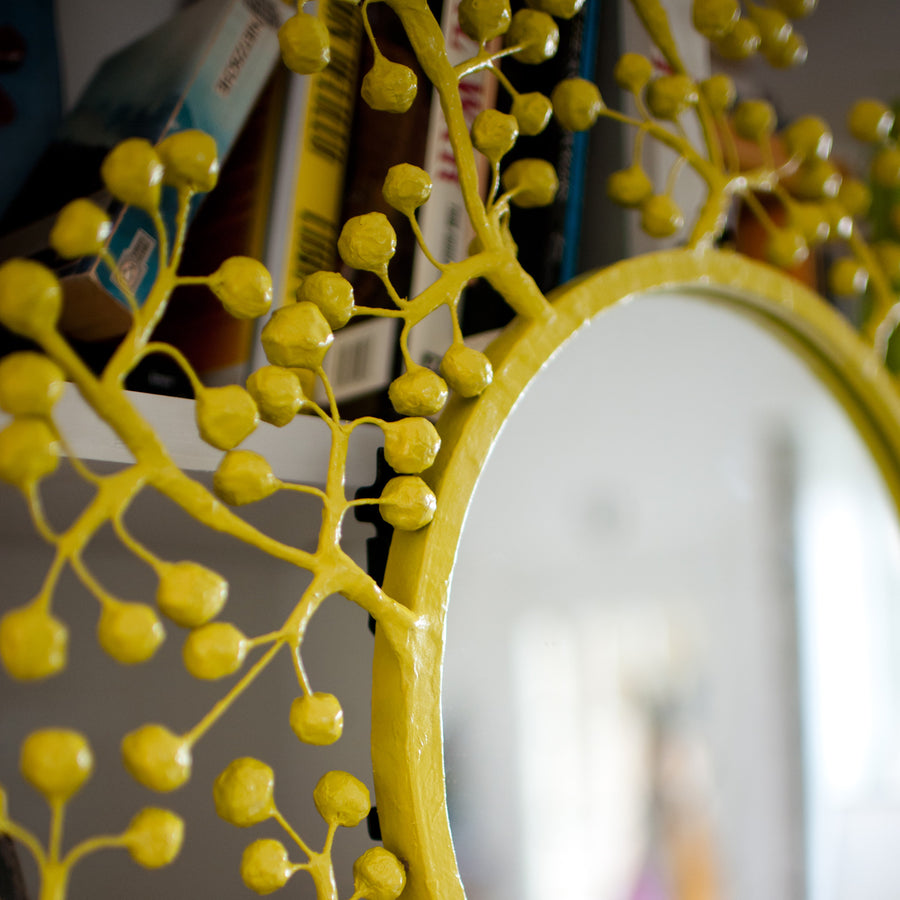 Sue Wright Mirror in chartreuse with hand made papier mache berry design.