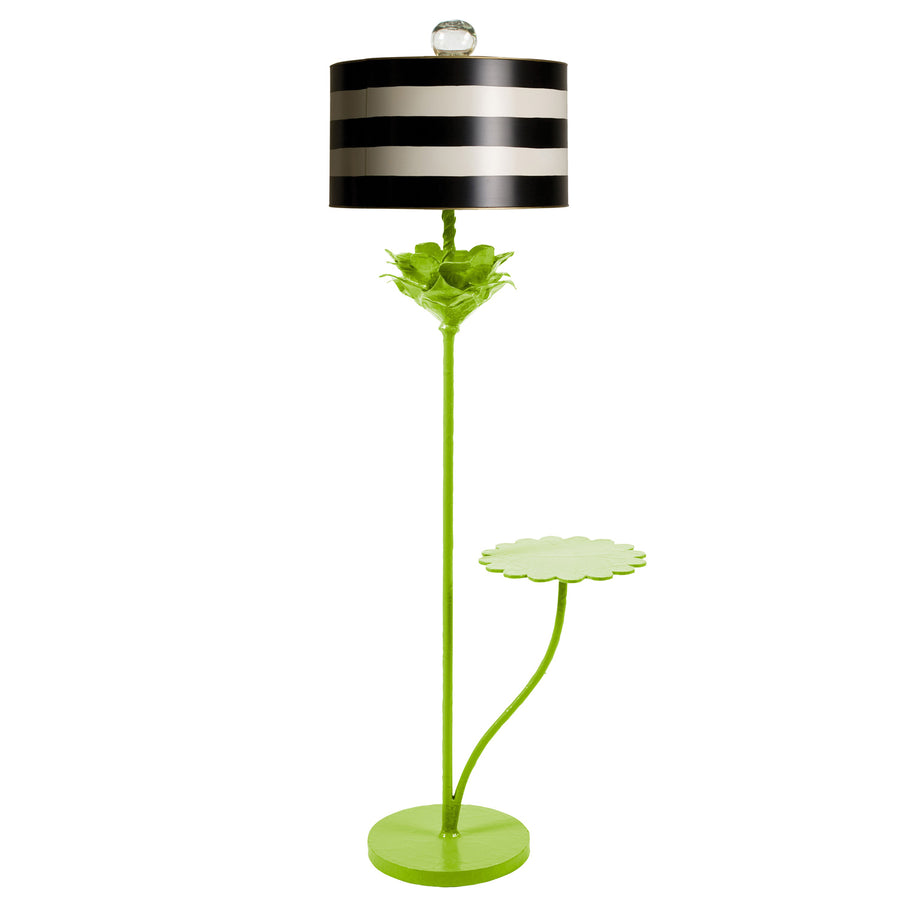 Green flower floor lamp with black and white stripe shade. Stray Dog.