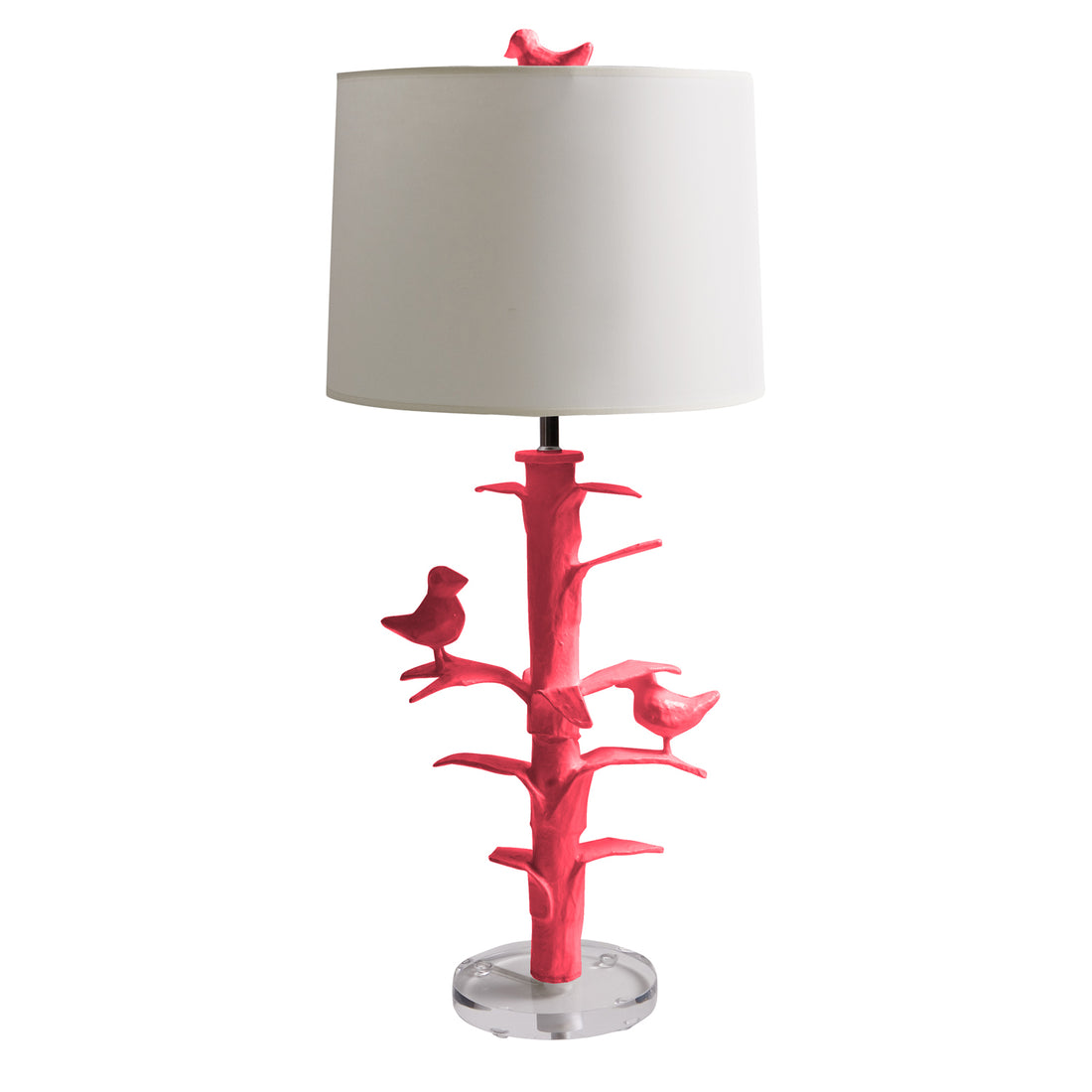 Sarah Bird Lamp, pink papier mache with 2 birds in a tree. Stray Dog