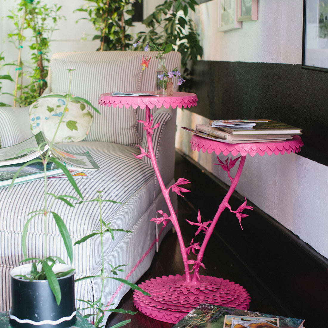 Dahlia inspired two tier accent table in hot pink