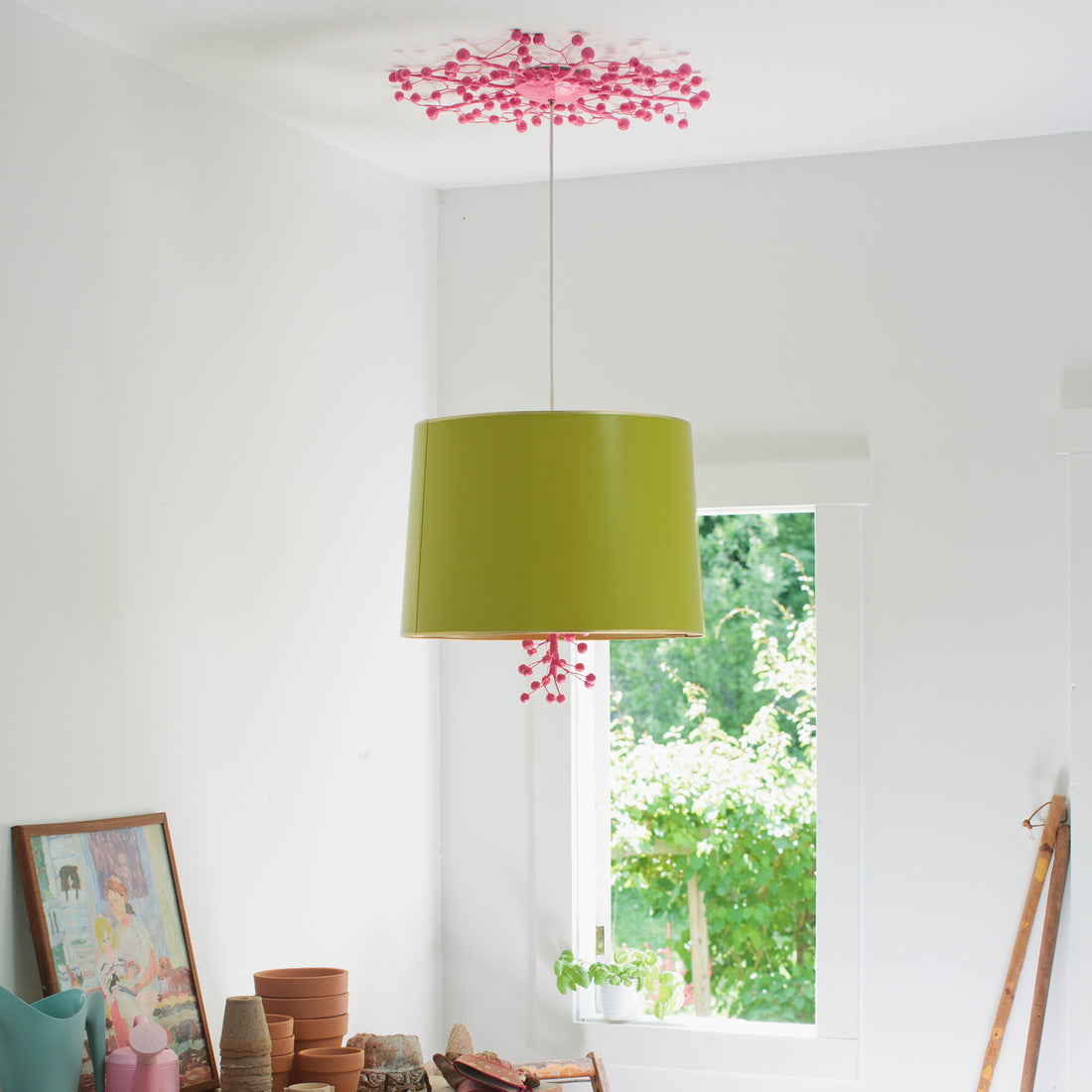 marsi Pendant light pink and green papier mache and tole