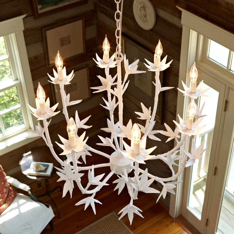 Melissa Chandelier in living room is artisan made papier mache
