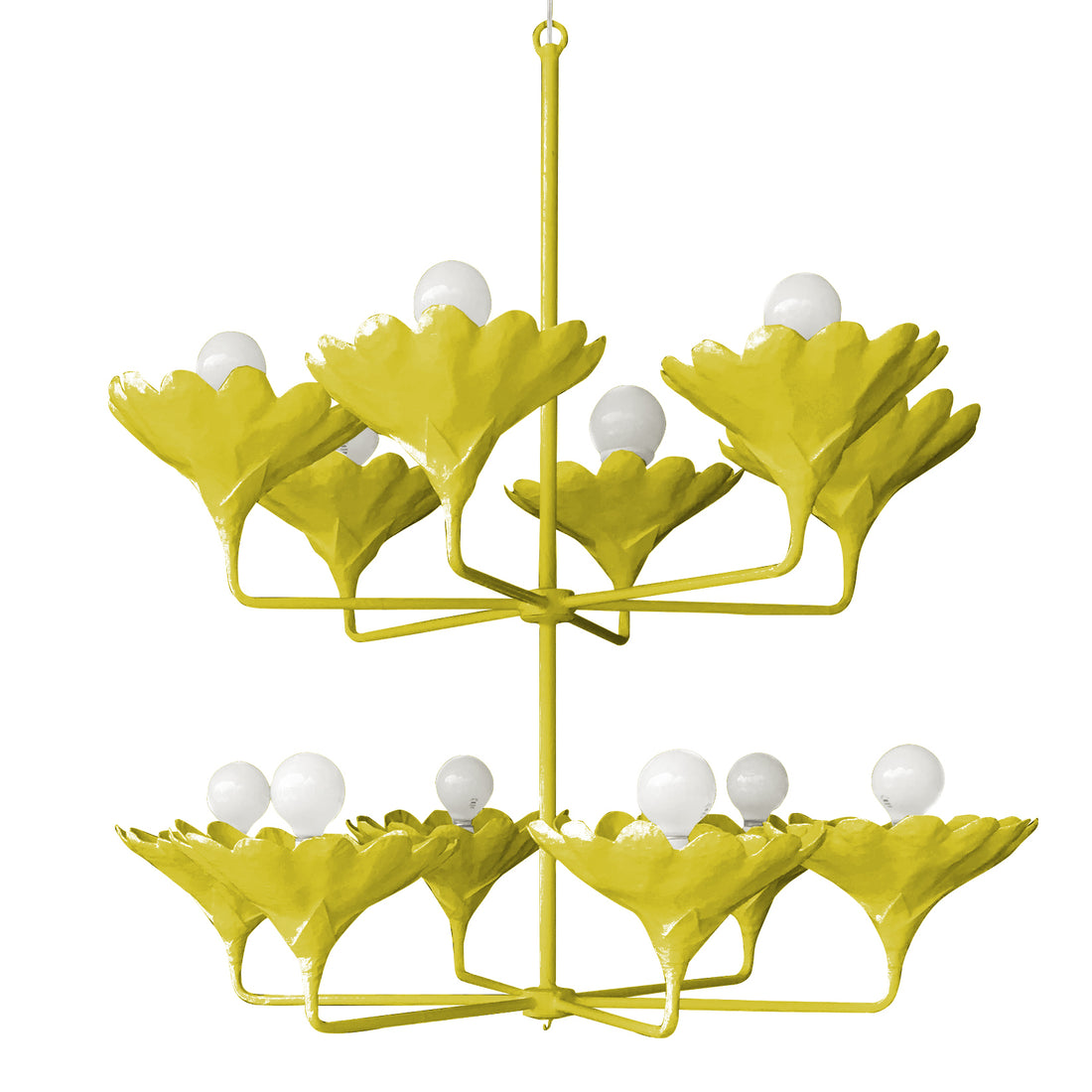 chartreuse arlo chandelier with 12 arms and flower cups. handmade.
