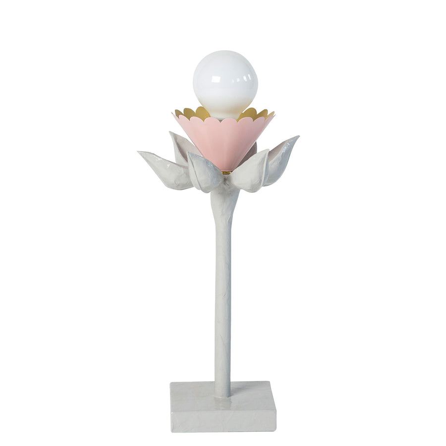 budding flower inspired papier mache table lamp in gray and pink