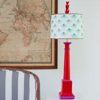 red tole lamp with aqua painted flowers on shade