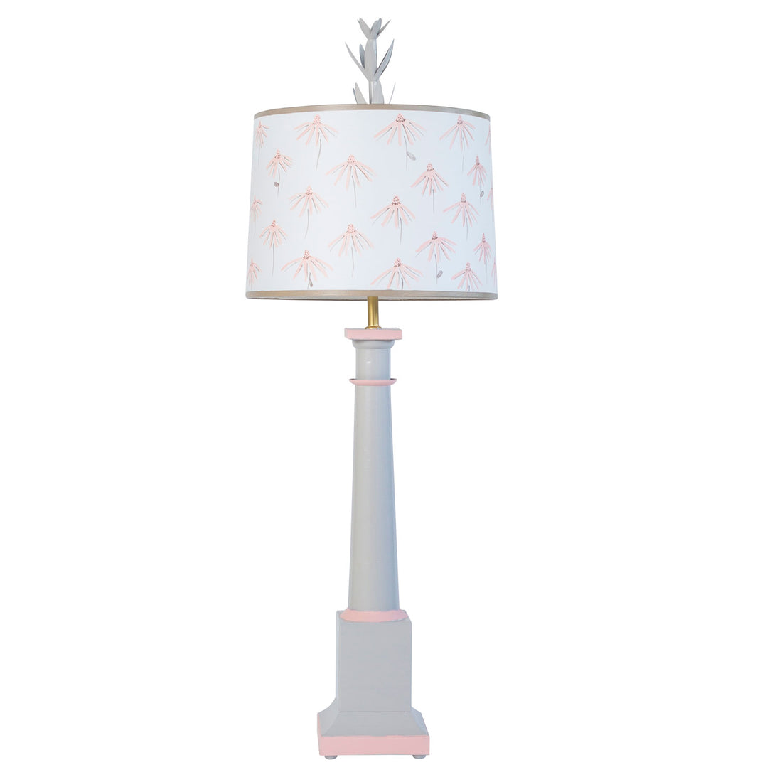 gray and pink table lamp, painted cone flowers and tole