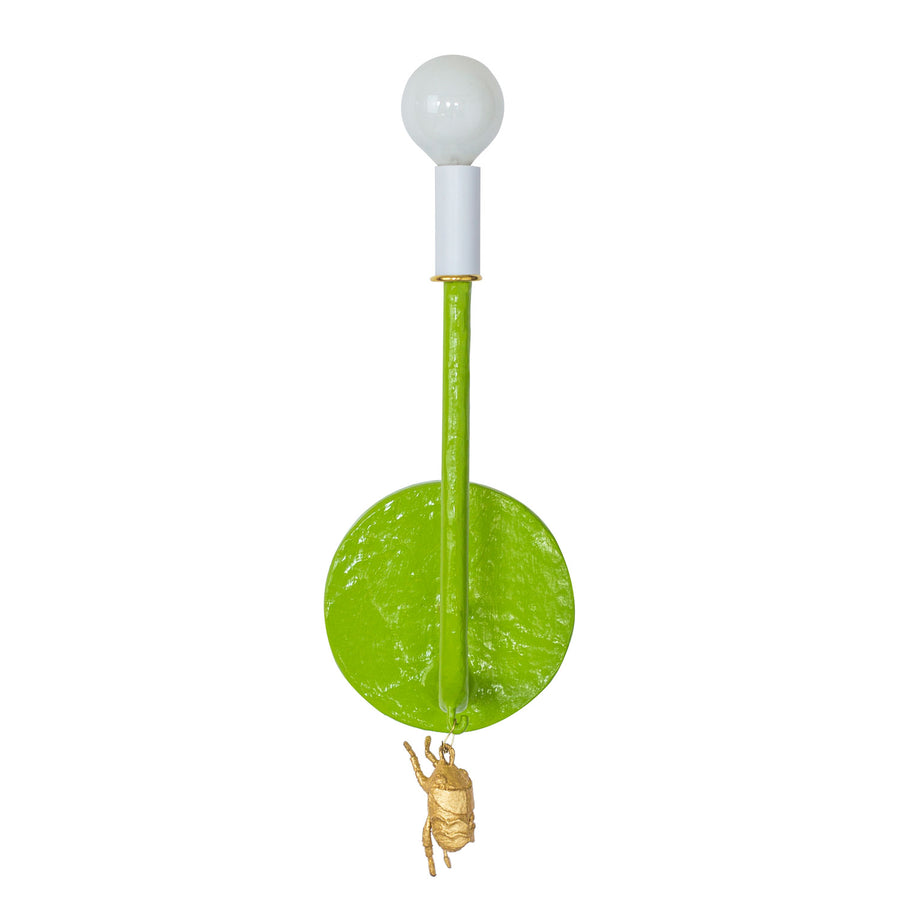 green papier mache wall light with gold bug, James Sconce