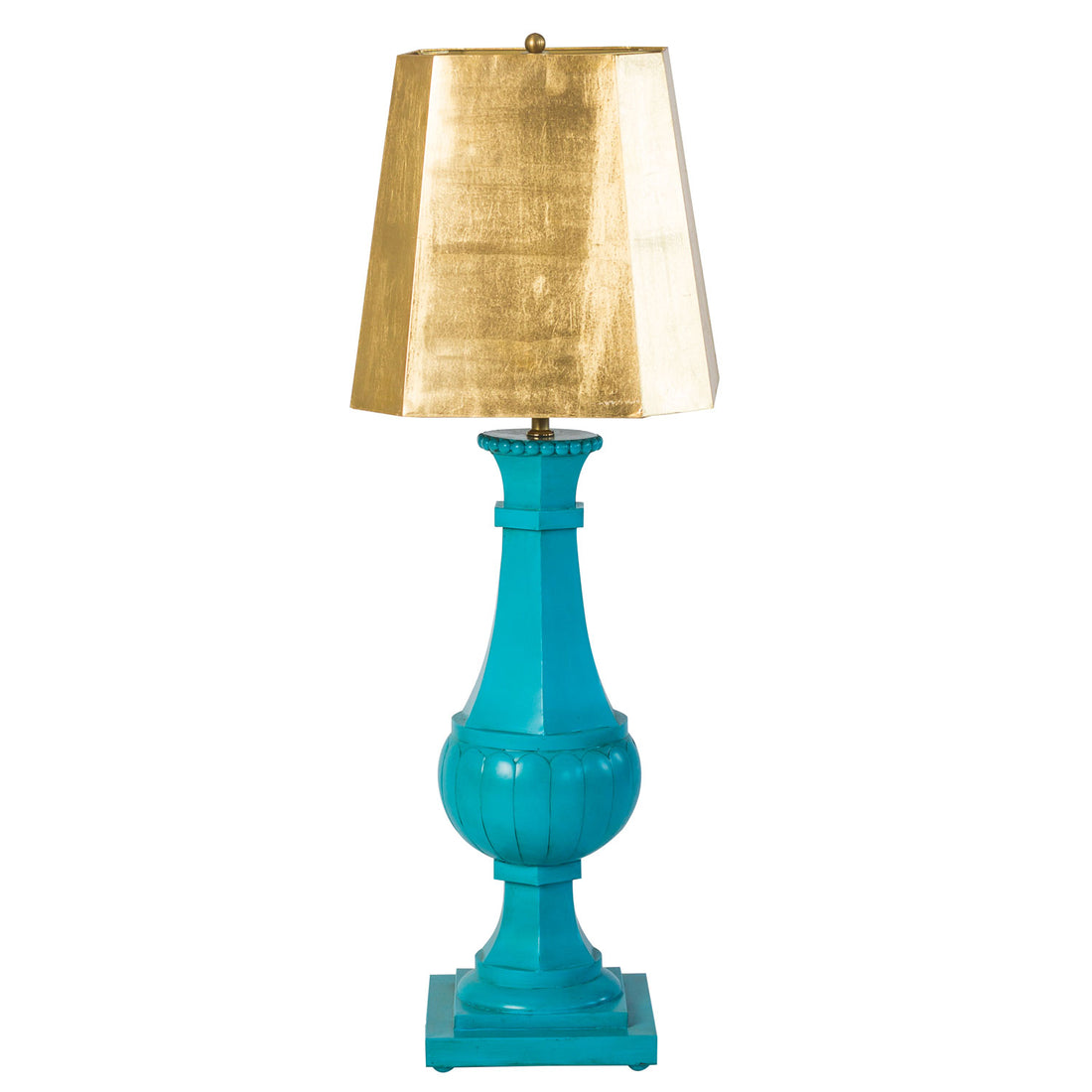 tall tole lamp in bright blue with gold leafed shade, Jeannie Light