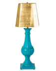 tall tole lamp in bright blue with gold leafed shade, Jeannie Light