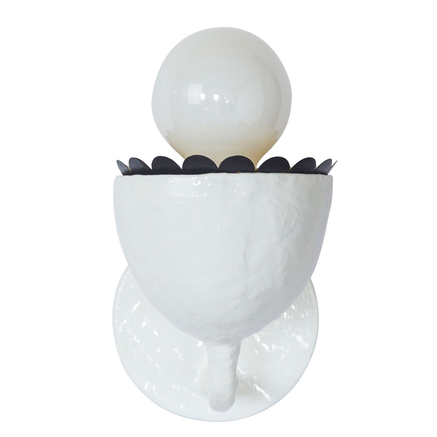 white Millie Sconce with black ruffle, papier mache and tole