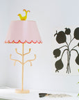 Gold iron stick base with branches and tole scallop shade in pink with red trim