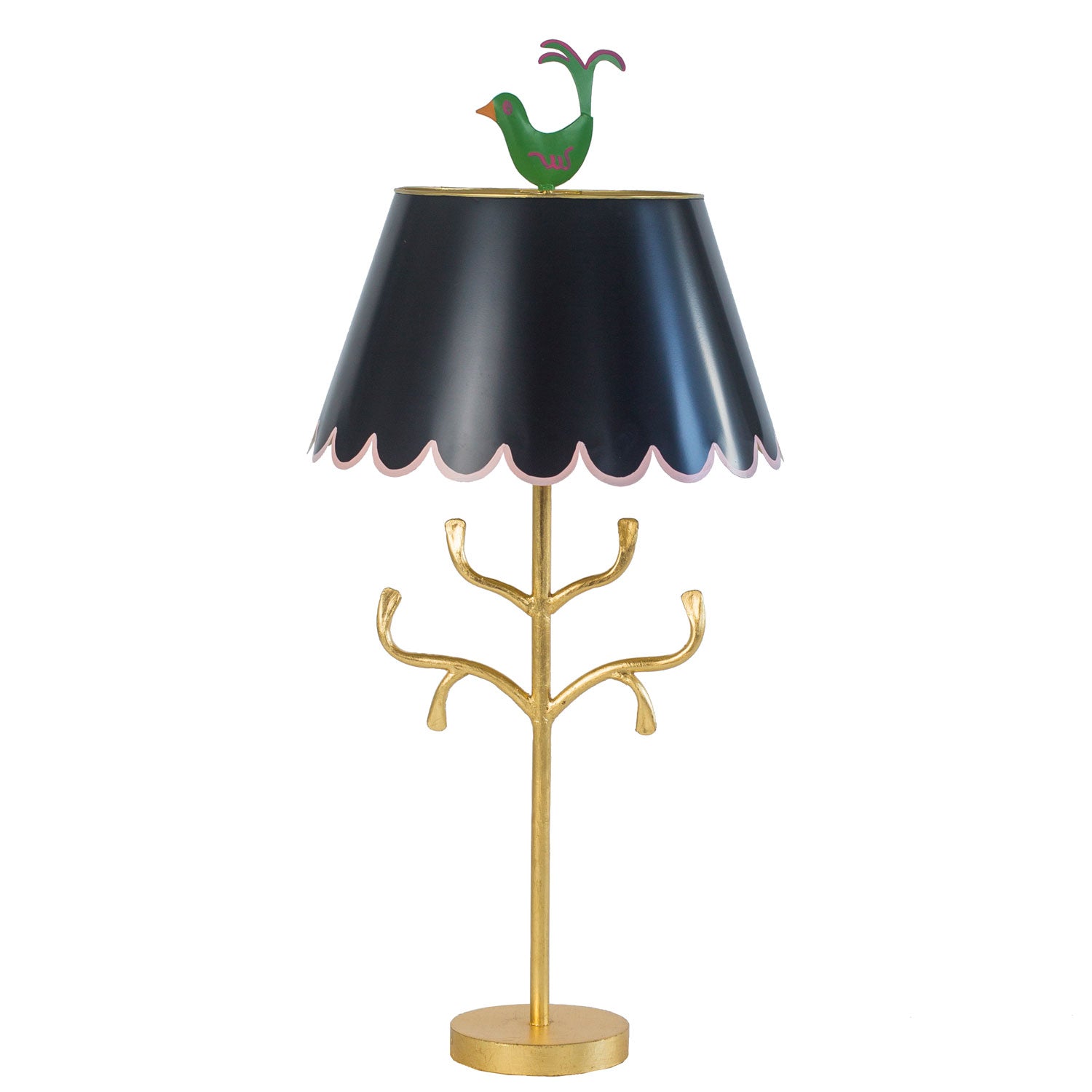 Black Mrs English lamp with green bird finial, scallop shade, Stray Dog