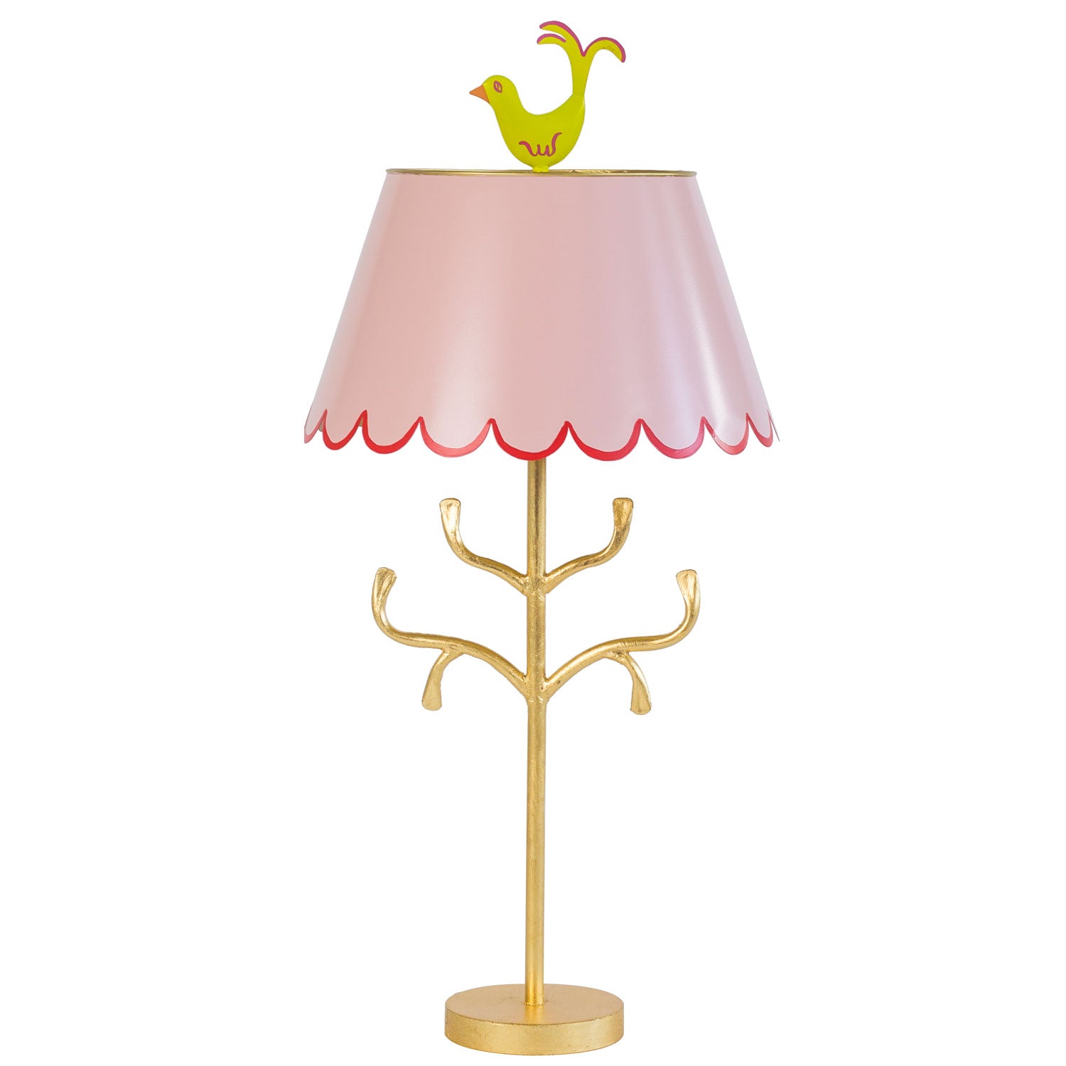 Light pink Mrs English lamp, red trim on scallops, chartreuse birdie finial