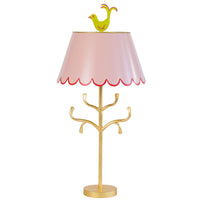 Light pink Mrs English lamp, red trim on scallops, chartreuse birdie finial