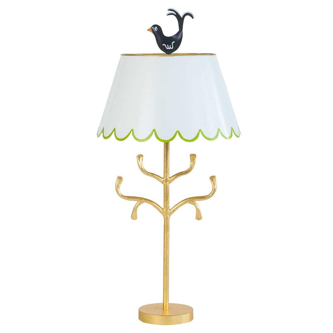 toleware lamp, white scallop edge shade, green trim, black bird finial, gold iron base