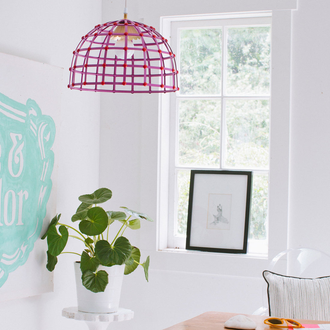 domed cage light in bright colors, hand made in mexico for stray dog