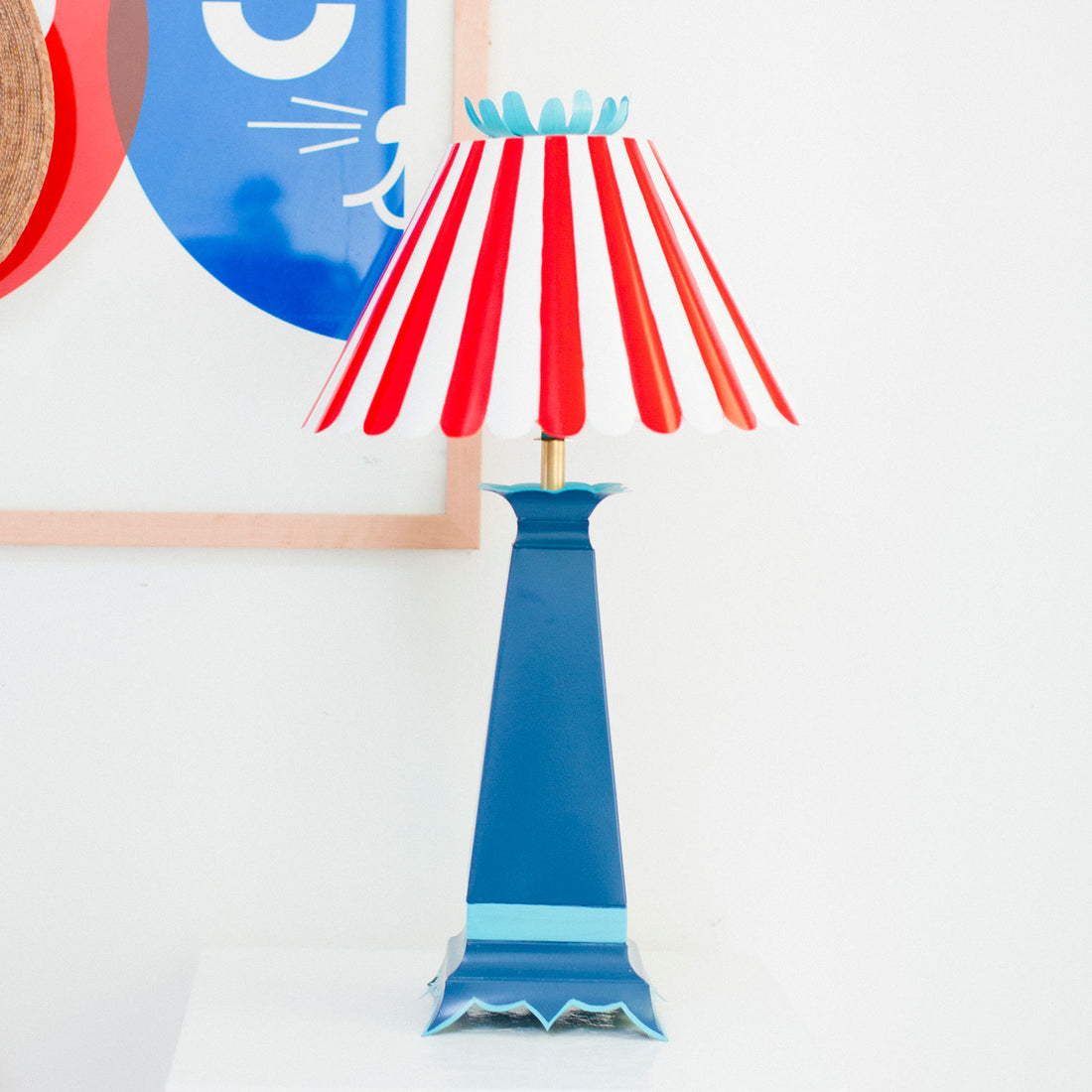red and blue Norma Lamp, Stray Dog Designs, striped shade, flower top
