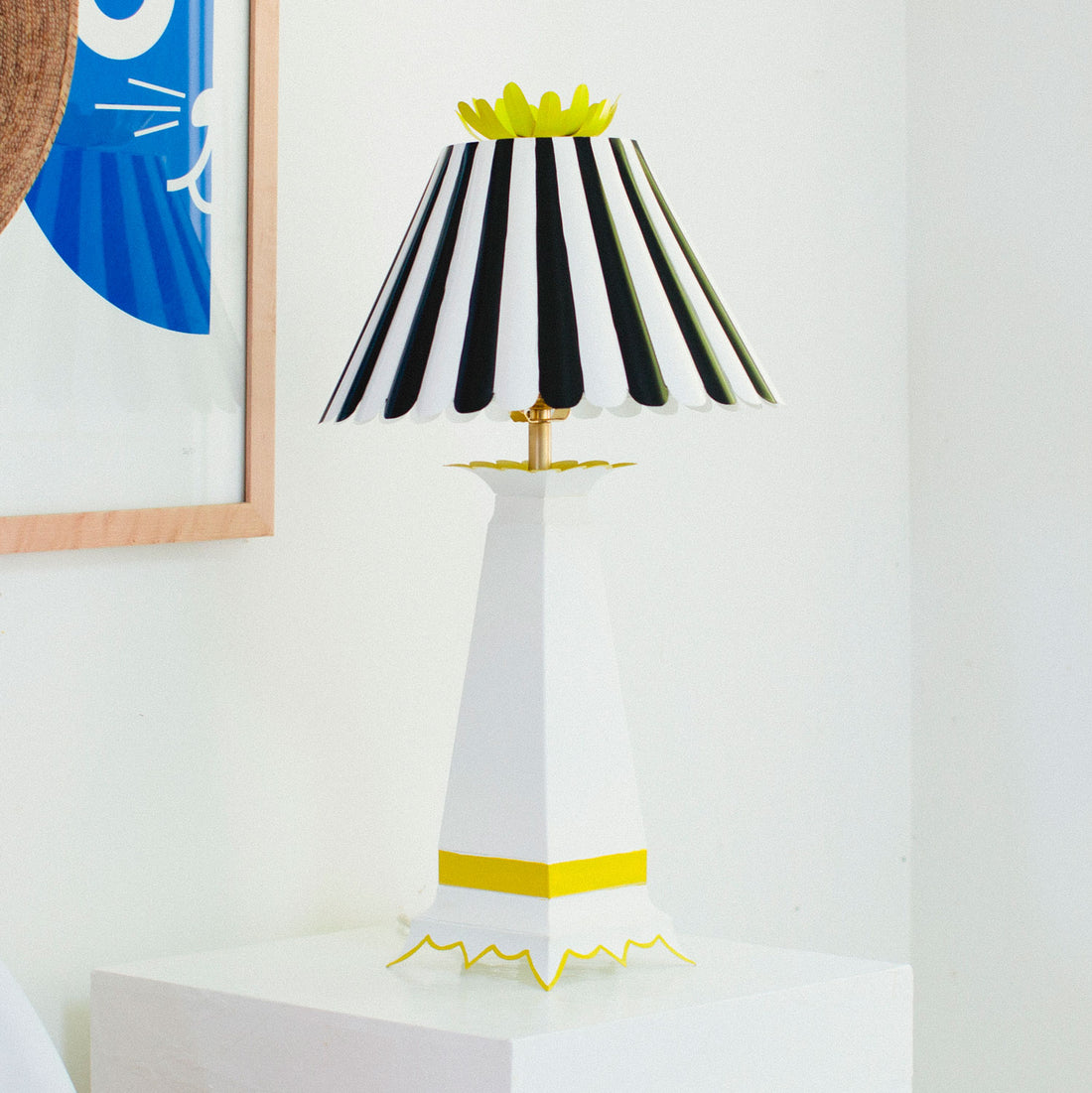 black and white tole light with striped scallop shade, Norma Lamp 