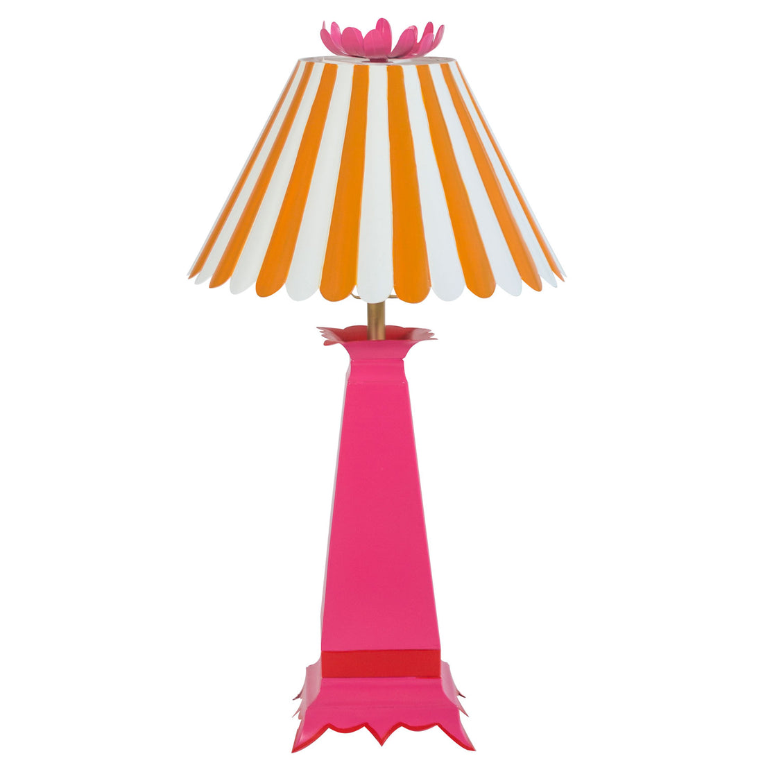 Norma tole lamp with stripey shade in pink and orange, flower finial