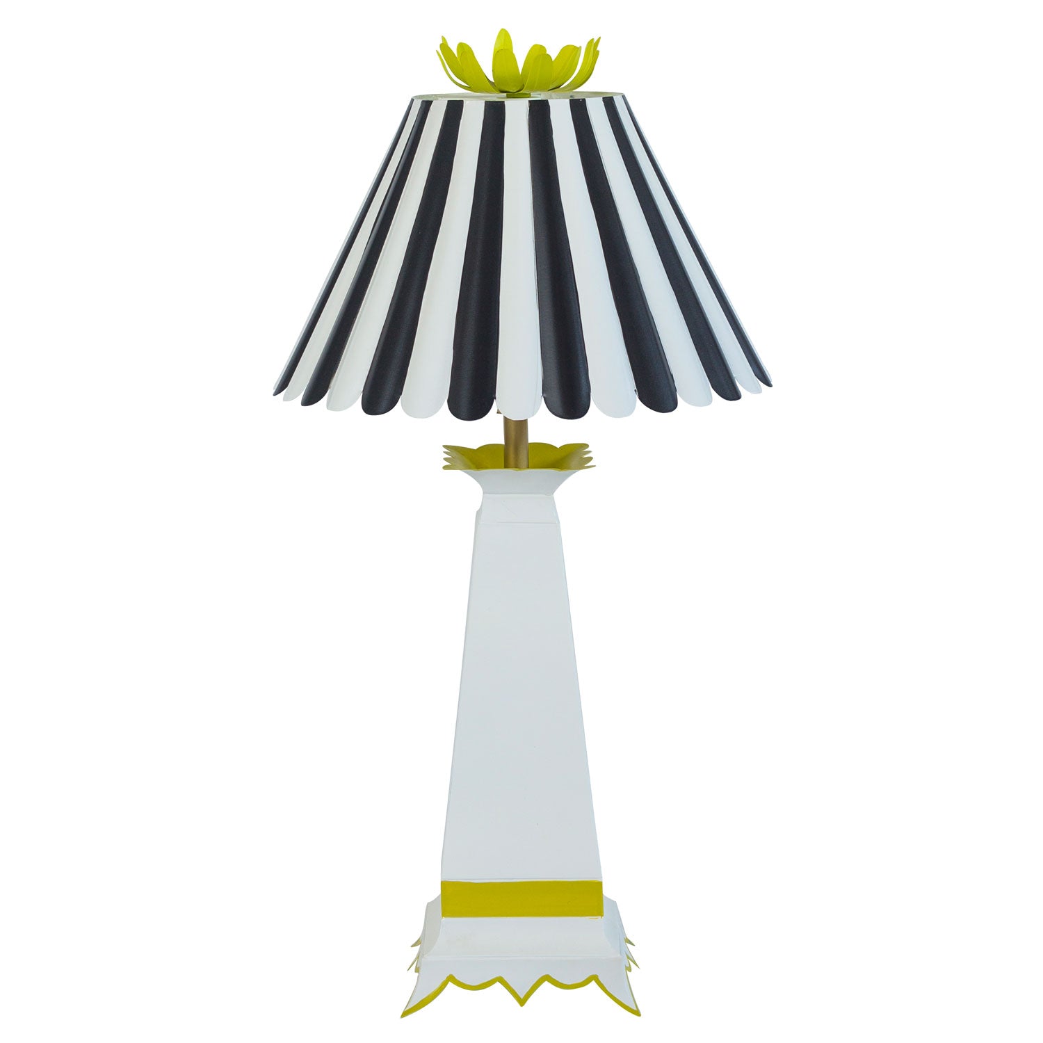 black and white Norma lamp, chartreuse flower finial, Stray Dog
