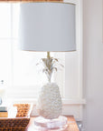 white papier mache pineapple lamp with tole shade