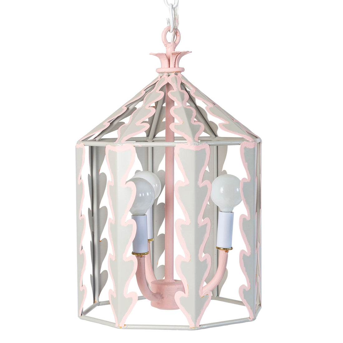 soft gray and pink iron hanging lantern with leaf like cut outs