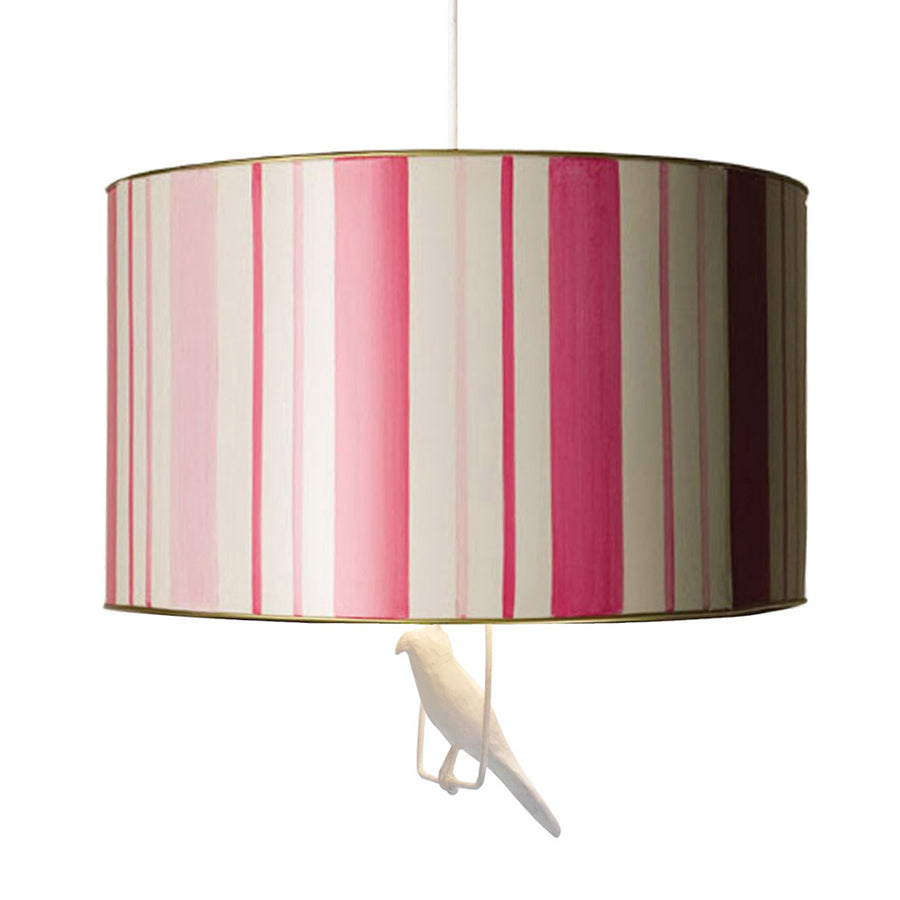 pink candy stripe drum pendant with bird on a swing