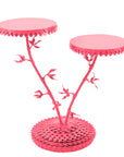two tiered bright pink floral drinks table with whimsical dahlia design