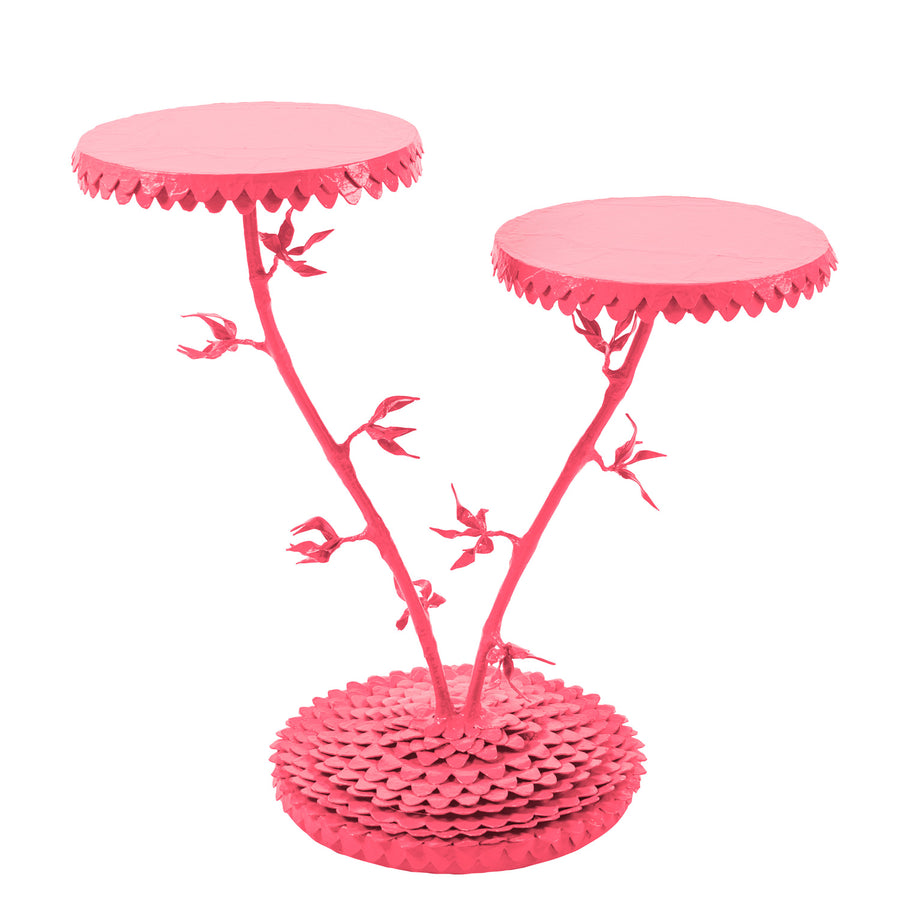 two tiered bright pink floral drinks table with whimsical dahlia design