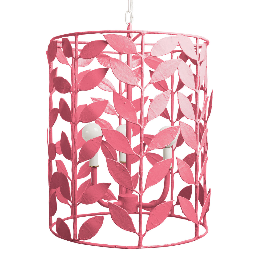 Adelaide Pendant, pink papier mache lantern with leaves