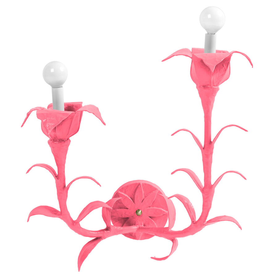 pink papier mache wall light with 2 flower arms, Helen Sconce