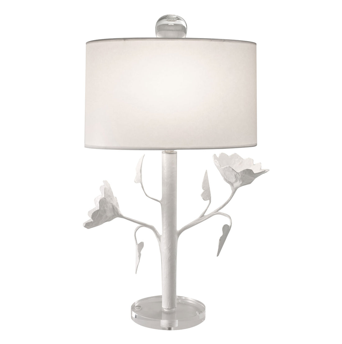 White papier mache lamp with poppy flowers and  oval shade, Stray Dog