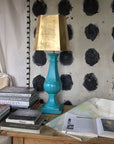 Hollywood Regency design blue toleware lamp with gold leafed shade, Stray Dog