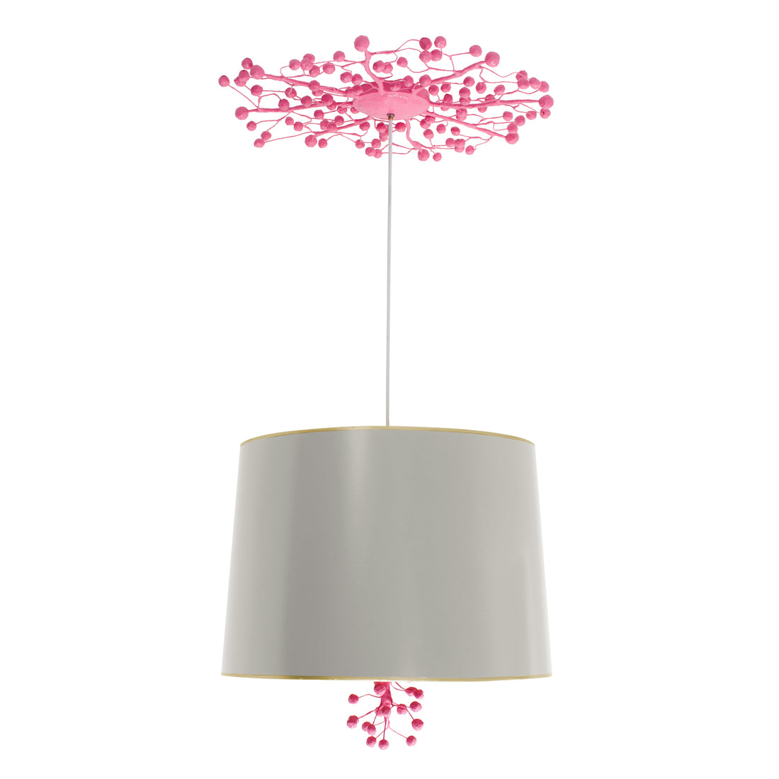 gray and pink Marsi hanging light with papier mache berry design canopy and finial