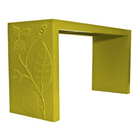 papier mache covered console with vine in chartreuse