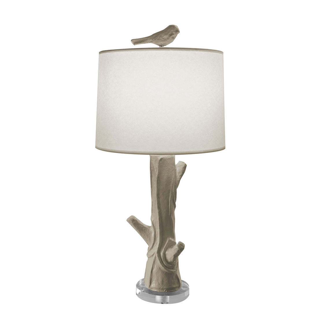 Gray papier mache Steph Wood lamp with bird finial. Faux bois.