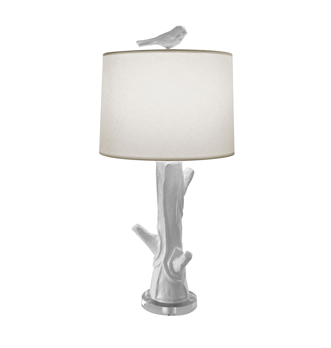 white Steph wood table lamp, papier mache faux bois design, bird finial.