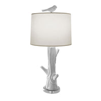 white Steph wood table lamp, papier mache faux bois design, bird finial.