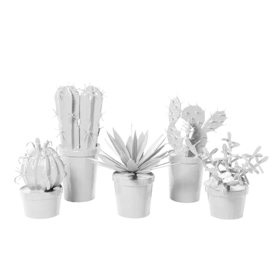 white potted papier mache cacti cactus set